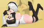  1girl ass bendy_straw between_breasts black_gloves black_legwear breasts bubble_tea bubble_tea_challenge cleavage cleavage_cutout cup disposable_cup drinking drinking_straw feet_up gloves large_breasts legs_up leotard lying mole mole_under_mouth nier_(series) nier_automata no_shoes nose on_stomach pink_lips seamed_legwear sheer_legwear short_hair silver_hair solo the_pose thong_leotard toes white_leotard yorha_no._2_type_b zoom_layer zukupow 