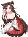  1girl absurdres animal_ear_fluff animal_ears bare_shoulders breasts bright_pupils brooch brown_hair claw_pose cleavage commentary_request full_body highres hiro_(pqtks113) imaizumi_kagerou jewelry large_breasts leaning_forward long_hair long_sleeves looking_at_viewer open_mouth red_eyes red_skirt shirt simple_background sitting skirt solo sweat tail touhou white_background white_shirt wide_sleeves wolf_ears wolf_tail 