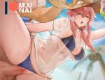  1boy 1girl animal_ear_fluff animal_ears bangs beach bikini blue_bikini blue_sky blurry blurry_background blush breasts ears_through_headwear fate/grand_order fate_(series) fox_ears fox_girl fox_tail hair_between_eyes hat hetero innertube large_breasts long_hair muunai open_mouth penis pink_hair pussy sex shirt sidelocks sky spread_legs standing straw_hat swimsuit tail tamamo_(fate)_(all) tamamo_no_mae_(swimsuit_lancer)_(fate) thighs vaginal wet wet_clothes wet_shirt wet_t-shirt white_shirt yellow_eyes 