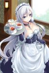  1girl apron apron_lift azur_lane bangs belfast_(azur_lane) blue_dress blue_eyes blue_gloves braid breasts cleavage collar collarbone commentary_request cup dress eyebrows_visible_through_hair french_braid gloves hair_between_eyes highres holding holding_plate indoors long_hair looking_at_viewer maid maid_apron maid_headdress medium_breasts plate sidelocks silver_hair solo strapless strapless_dress tea teacup teapot v-shaped_eyebrows window yumibakama_meme 