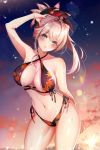  1girl :o bangs bare_shoulders bikini black_bikini blue_eyes blush breasts chiachun0621 cleavage cloud cowboy_shot droplet eyebrows_visible_through_hair fate/grand_order fate_(series) hair_between_eyes hair_ornament hand_on_own_head highres large_breasts leaf_print long_hair looking_at_viewer maple_leaf_print miyamoto_musashi_(fate/grand_order) navel ocean outdoors parted_lips sky solo standing star_(sky) starry_sky sunset swimsuit tied_hair water wet white_hair 