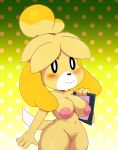  animal_crossing anthro bigdon1992 breasts canid canine canis digital_media_(artwork) domestic_dog female fur genitals hi_res isabelle_(animal_crossing) mammal nintendo nude patreon pussy shih_tzu simple_background solo toy_dog video_games yellow_body yellow_fur 