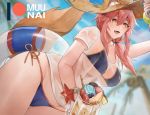  1girl animal_ear_fluff animal_ears bangs beach bikini blue_bikini blue_sky blurry blurry_background blush breasts ears_through_headwear fate/grand_order fate_(series) food fox_ears fox_girl fox_tail hair_between_eyes hat ice_cream ice_cream_float innertube large_breasts long_hair muunai open_mouth pink_hair shirt sidelocks sky smile standing straw_hat swimsuit tail tamamo_(fate)_(all) tamamo_no_mae_(swimsuit_lancer)_(fate) wet wet_clothes wet_shirt wet_t-shirt white_shirt yellow_eyes 