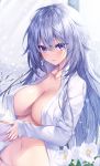  1girl ball breasts cleavage collarbone collared_shirt flower groin hair_between_eyes heirou holding large_breasts long_hair long_sleeves looking_at_viewer navel no_bra no_pants open_clothes open_shirt original panties parted_lips purple_eyes shirt silver_hair solo stomach underwear upper_body very_long_hair white_flower white_panties white_shirt 
