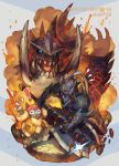  1boy akantor armor battle character_name copyright_name felyne full_armor fur_coat helmet holding holding_weapon monster monster_hunter monster_hunter_4 monster_hunter_4_g nishihara_isao sharp_teeth teeth tusks weapon 