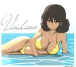  arm_support bikini border breasts brown_hair bukkuri character_request cleavage dark_skin dated girls_und_panzer hair_between_eyes large_breasts looking_at_viewer navel smile swimsuit water white_border yellow_bikini 