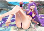  1girl ass bangs bb_(fate)_(all) bb_(swimsuit_mooncancer)_(fate) beach bead_bracelet beads belt between_fingers bikini black_gloves black_shorts bracelet breasts candy cleavage collarbone earrings fate/grand_order fate_(series) feet fingerless_gloves food gloves hair_ornament hair_ribbon hairband jewelry knees_up large_breasts leaning_back legs lollipop long_hair looking_at_viewer loose_belt micro_shorts mouth_hold neck_ribbon ocean open_mouth pink_ribbon purple_bikini purple_eyes purple_hair ribbon shorts sino42 smile star_(symbol) star_earrings star_hair_ornament swimsuit teeth toes very_long_hair wet white_belt 