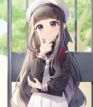  1girl bangs black_shirt blunt_bangs brown_hair cardcaptor_sakura chyoling closed_mouth commentary_request daidouji_tomoyo day eyebrows_visible_through_hair grey_neckwear hand_on_own_chin hat long_hair long_sleeves looking_at_viewer necktie outdoors pleated_skirt purple_eyes sailor_collar school_uniform serafuku shirt skirt smile solo tomoeda_elementary_school_uniform very_long_hair white_headwear white_skirt 