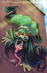  1girl ass asui_tsuyu belt black_eyes black_footwear black_hair bodysuit boku_no_hero_academia boots bow_by_hair commentary darwin_nunez day english_commentary frog_girl gloves goggles goggles_on_head green_bodysuit hair_rings highres lens_flare long_hair long_tongue loose_belt low-tied_long_hair on_wall outdoors signature skin_tight solo thick_thighs thigh_boots thighhighs thighs tongue upside-down very_long_tongue white_gloves 