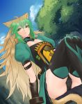  1girl ahoge animal_ears atalanta_(fate) black_panties blonde_hair cat_ears cat_tail commentary_request dress fate/apocrypha fate_(series) gauntlets green_hair highres hikichi_sakuya long_hair looking_at_viewer multicolored_hair panties puffy_short_sleeves puffy_sleeves short_sleeves sitting sky solo tail tree two-tone_hair underwear upskirt 