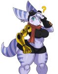  ? absurd_res anthro big_breasts blush bodily_fluids bottomwear breasts clothing ear_piercing female hi_res lombax looking_at_viewer mammal nipple_outline piercing ratchet_and_clank rift_apart_lombax simple_background solo sssonic2 sweat topwear video_games white_background 