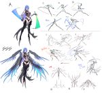  1girl absurdres bare_shoulders blue_hair blue_wings breasts claws detached_sleeves energy_sword highleg highres holding holding_sword holding_weapon large_breasts long_hair mecha_musume multiple_wings navel punishing:_gray_raven see-through simple_background sketch skindentation solo sword tattoo tsuki_no_i-min weapon wings 