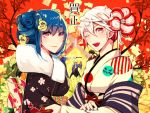  2girls 3boys bangs blonde_hair blue_hair brown_hair dizzy_(guilty_gear) family father_and_son flower grandfather_and_grandson guilty_gear guilty_gear_xrd headband holding_arm jack-o&#039;_valentine japanese_clothes kimono ky_kiske leaf matches mother_and_daughter multicolored multicolored_background multicolored_clothes multicolored_hair multiple_boys multiple_girls nbtkm parted_lips ponytail red_eyes short_hair sin_kiske smile sol_badguy tied_hair translation_request tree 
