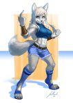  abs absurd_res anthro armor beckoning belt big_breasts blue_eyes bottomwear bra breasts canid canine canis claws clothing cutoffs denim denim_clothing female fighting_pose fist gauntlets gesture gloves hair handwear hi_res jecbrush leisa long_hair looking_at_viewer mammal muscular muscular_female pose shorts signature simple_background solo sports_bra underwear wolf 