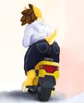  abstract_background anthro bottomwear butt clothing digital_media_(artwork) digitigrade female fur hoodie jeans jekerela looking_back low-angle_view motorcycle nintendo pants pok&eacute;mon pok&eacute;mon_(species) raised_tail rear_view sandslash solo solo_focus sunny_(sandslash) topwear vehicle video_games yellow_body yellow_fur 