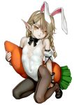  1girl animal_ears as109 bare_shoulders black_bow bow bowtie braid bright_pupils brown_hair brown_legwear bunny_ears bunny_tail bunnysuit carrot carrot_pillow covered_navel detached_collar detached_sleeves elf fake_animal_ears flat_chest front-seamed_legwear full_body hair_between_eyes hairband head_tilt highres kneeling leotard looking_at_viewer low_twintails original pale_skin pantyhose parted_lips pillow pointy_ears puffy_detached_sleeves puffy_sleeves revision seamed_legwear shui_lan_er sidelocks simple_background solo strapless strapless_leotard tail twin_braids twintails virtual_youtuber white_background white_leotard wrist_cuffs yellow_eyes 
