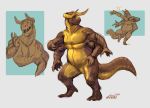  2020 4_arms 4_fingers anthro dancing digitigrade fingers hi_res horn looking_away male multi_arm multi_limb multi_pec multifur peace_sign_(disambiguation) scales scalie simple_background slightly_chubby smile solo standing xantouke yellow_body yellow_eyes yellow_scales 