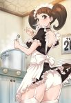  1girl apron breasts brown_eyes brown_hair commentary_request cooking dress eyelashes frilled_dress frills from_below garter_straps highres holding kawakami_sadayo kurosususu light_blush looking_at_viewer looking_back looking_down maid maid_apron maid_headdress mouth_hold panties persona persona_5 solo standing thighhighs tied_hair twintails underwear white_legwear white_panties 