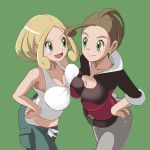  2girls blonde_hair breast_press breasts character_request cleavage collarbone commentary_request earrings green_background green_eyes hand_on_hip highres jewelry large_breasts long_hair midriff multiple_girls navel pokemon refuto simple_background smile thighs viola_(pokemon) 