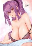  1boy 1girl bangs bare_shoulders blush bra breasts bulge cleavage collarbone fate/grand_order fate_(series) hair_between_eyes hair_intakes highres large_breasts long_hair looking_at_viewer nanako_(1475647493) open_mouth ponytail purple_bra purple_hair red_eyes scathach_(fate)_(all) scathach_(fate/grand_order) strap_slip thighs underwear 