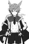  1boy animal_ears arknights closed_mouth eyebrows_visible_through_hair fingerless_gloves gloves greyscale hair_between_eyes id_card jacket leonhardt_(arknights) male_focus monochrome nagu necktie open_clothes open_jacket revision shorts signature simple_background smile solo white_background 