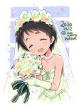  1girl ^_^ ^o^ black_hair bouquet closed_eyes collarbone dated dress flat_chest flower gloves holding holding_bouquet jewelry kantai_collection maru-yu_(kantai_collection) necklace odawara_hakone open_mouth short_hair sleeveless sleeveless_dress smile solo twitter_username wedding_dress white_dress white_gloves 