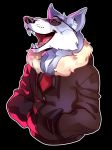  2018 anthro black_background black_nose bunnym4n canid canine canis clothed clothing digital_media_(artwork) eyebrows eyewear fangs fur grey_body grey_fur hands_in_pockets happy hi_res inner_ear_fluff jacket jameskii looking_away male mammal open_mouth pockets simple_background solo sunglasses teeth tongue topwear tuft wolf 