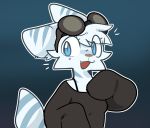 absurd_res anthro blue_body blue_eyes blue_fur cute_face cute_fangs eyewear female fur goggles goggles_on_head goob head_tuft hi_res lombax mammal oversized_shirt ratchet_and_clank rift_apart_lombax simple_background solo tuft video_games white_body white_fur 