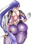  1girl akiyama_rinko arm_guards ass back backboob bodysuit breasts facing_away fishnets from_behind highres huge_breasts impossible_bodysuit impossible_clothes lilith-soft long_hair ninja ponytail purple_bodysuit purple_hair remu_(kirieroido) shiny shiny_clothes shiny_hair shiny_skin shoulder_blades simple_background skin_tight solo standing taimanin_(series) taimanin_asagi taimanin_suit taimanin_yukikaze thighs white_background 