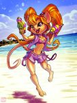  2020 3_toes 4_fingers alternate_hairstyle anthro beach chip_&#039;n_dale_rescue_rangers clothed clothing cloud disney female fingers gadget_hackwrench hair hi_res holding_object karol_pawlinski long_hair mammal mouse murid murine navel open_mouth open_smile orange_hair outside purple_eyes rodent seaside short sky smile solo toes topwear vest water water_gun 