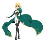  1girl alternate_breast_size artoria_pendragon_(all) bangs black_bra black_footwear blonde_hair blue_eyes boots bra braid braided_bun breasts cleavage closed_mouth cosplay_request eyebrows_visible_through_hair fate/stay_night fate_(series) floating_hair full_body green_ribbon hair_between_eyes hair_ribbon highleg highleg_panties large_breasts long_sleeves looking_at_viewer panties pants pochi-a ribbon saber shiny shiny_footwear shiny_skin short_hair shrug_(clothing) simple_background smile solo standing strapless strapless_bra thigh_boots thighhighs underwear waist_cape white_background white_pants 
