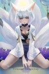  animal_ears anna_lee azur_lane bangs blue_eyes breasts eyeliner eyeshadow fox_ears fox_girl fox_tail hakama_skirt japanese_clothes kaga_(azur_lane) kimono kitsune makeup multiple_tails short_hair tail white_hair white_kimono 