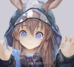  1girl amiya_(arknights) animal_ears arknights blue_eyes brown_hair bunny_ears claw_pose closed_mouth commentary copyright_name cravat english_text eyelashes grey_background hair_between_eyes highres hood hooded_jacket jacket jewelry korean_commentary long_hair long_sleeves looking_at_viewer mile_(mil2) multiple_rings portrait purple_neckwear ring see-through simple_background smile solo 