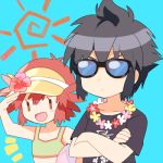  1boy 1girl alan_(pokemon) ball beachball bikini black_hair blue_background crossed_arms flower hair_flower hair_ornament kanji lei lowres manon_(pokemon) mei_(maysroom) open_mouth pokemon pokemon_(anime) pokemon_xy_(anime) red_hair serious simple_background sun_(symbol) sunglasses swimsuit tagme visor 