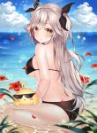  1girl absurdres ahoge ass azur_lane bare_legs bare_shoulders barefoot bikini black_bikini blue_sky blush bow breasts butt_crack cleavage cloud cloudy_sky commentary day deal_with_it flower full_body gradient gradient_hair hair_bow hibiscus highres large_breasts looking_at_viewer manjuu_(azur_lane) medium_breasts mole mole_on_breast multicolored_hair ocean outdoors parted_lips prinz_eugen_(azur_lane) red_hair shiny shiny_hair silver_hair sitting sky sparkle ssong2 swimsuit thighs water water_drop 