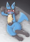  2020 acky05 ambiguous_gender anthro bed_sheet bedding blue_body blue_fur blush bodily_fluids canid canine embarrassed fur hi_res lucario lying mammal nintendo pok&eacute;mon pok&eacute;mon_(species) red_eyes ruffled_fur solo sweat tears video_games 