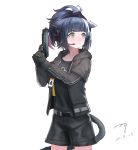  1girl animal_ears arknights bangs black_gloves black_hair black_shirt black_shorts blunt_bangs blush breasts cat_ears cat_tail collarbone commentary_request drawstring eyebrows_visible_through_hair feet_out_of_frame frown gloves green_eyes grey_jacket gun handgun hands_up headgear headset high_ponytail highres holding holding_gun holding_weapon hood hood_down hooded_jacket id_card jacket jessica_(arknights) large_breasts long_hair long_sleeves looking_to_the_side multicolored_hair open_clothes open_jacket photoshop_(medium) pink_hair pistol ponytail shirt shorts sidelocks signature simple_background solo standing tachi-e tail trigger_discipline two-tone_hair weapon white_background zzq 