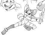  action_pose anthro boots bottomless clothed clothing eyewear female footwear fur genitals goggles goggles_on_head hammer head_tuft lombax mammal monochrome pose prosthetic prosthetic_arm prosthetic_limb pussy ratchet_and_clank rift_apart_lombax sketch smekbo solo striped_body striped_fur striped_tail stripes tools topless tuft video_games weapon 