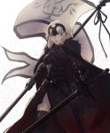  1girl ahoge armor armored_dress banner black_cape black_dress black_legwear black_ribbon cape chain doragonboll0127 dress fate/grand_order fate_(series) faulds gauntlets headpiece highres holding holding_sword holding_weapon jeanne_d&#039;arc_(alter)_(fate) jeanne_d&#039;arc_(fate)_(all) ribbon shiny shiny_legwear shiny_skin short_hair silver_hair simple_background solo standing sword thighhighs weapon white_background yellow_eyes 