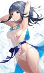  1girl armpits arms_behind_head arms_up bangs bare_shoulders black_hair blue_eyes blue_ribbon blush breasts closed_mouth collarbone dress fate/grand_order fate/requiem fate_(series) fundoshi highres japanese_clothes jewelry large_breasts looking_at_viewer magatama magatama_hair_ornament medium_hair multicolored_hair necklace pelvic_curtain pink_hair polearm ribbon short_dress sideboob sideless_outfit sleeveless sleeveless_dress smile sora_72-iro spear streaked_hair thighs utsumi_erise water weapon white_dress 