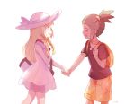  1boy 1girl bag black_shirt blonde_hair closed_eyes dress eye_contact floral_print green_eyes green_hair happy hat holding_hands long_hair looking_at_another mei_(maysroom) open_mouth pokemon pokemon_(game) pokemon_sm shirt short_ponytail shorts shoulder_bag sun_hat upper_teeth white_background white_dress yellow_backpack yellow_shorts 