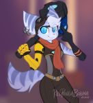  anthro biped blue_eyes clothed clothing digital_media_(artwork) ear_piercing eyewear female goggles hi_res lombax looking_at_viewer mammal neckerchief piercing prosthetic prosthetic_arm prosthetic_limb ratchet_and_clank redpandabobana rift_apart_lombax simple_background smile solo stripes video_games 