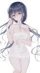  1girl bangs bare_arms bare_shoulders black_hair blue_eyes blush breasts cleavage collarbone commentary eyebrows_visible_through_hair feet_out_of_frame hair_between_eyes hair_ornament hairclip head_tilt highres long_hair looking_at_viewer low_twintails medium_breasts naked_towel original parted_lips simple_background solo symbol_commentary tandohark thigh_gap towel twintails very_long_hair wet white_background 