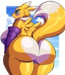  absurd_res anthro big_breasts big_butt blush breasts butt butt_focus butt_heart canid curvy_figure digimon digimon_(species) eyewear female glasses hi_res huge_butt looking_at_viewer looking_back mammal mostly_nude rear_view renamon side_boob solo text thick_thighs toto_draw url voluptuous 