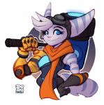  anthro blue_body blue_eyes blue_fur clothing dedoarts female fur gloves hammer handwear hi_res lombax mammal prosthetic prosthetic_arm prosthetic_limb ratchet_and_clank rift_apart_lombax scarf signature simple_background solo tools video_games weapon_on_shoulder white_background white_body white_fur 