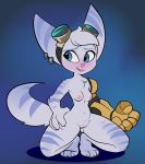  anthro baebot better_version_at_source blue_eyes breasts eyewear female fur genitals goggles lombax mammal nipples nude prosthetic prosthetic_arm prosthetic_limb pussy ratchet_and_clank rift_apart_lombax simple_background smile solo video_games 