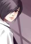  1girl bangs black_hair close-up closed_mouth commentary_request face from_side grey_background hair_over_one_eye highres kirishima_touka light_smile lips looking_at_viewer pila_(pilayamato) red_eyes shirt short_hair simple_background solo swept_bangs tokyo_ghoul upper_body white_shirt 