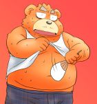  2020 anthro belly bodily_fluids bulge clothing humanoid_hands kemono male mammal navel overweight overweight_male shirt simple_background solo sweat topwear toshi_(artist) underwear ursid 