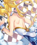  1girl ahoge animal_ears aona_(kuuga19yuu) artoria_pendragon_(all) artoria_pendragon_(swimsuit_ruler)_(fate) ass back bangs bare_shoulders blonde_hair blue_legwear braid breasts bunny_ears bunny_tail bunnysuit checkered checkered_background detached_collar fate/grand_order fate_(series) feather_boa fishnet_legwear fishnets french_braid green_eyes hair_between_eyes highleg highleg_leotard highres large_breasts leotard long_hair looking_at_viewer looking_back parted_lips ponytail sidelocks tail tiara white_leotard wrist_cuffs 