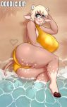  anthro beach big_breasts blush bovid bovine breasts butt cattle clothed clothing digital_media_(artwork) doodle_dip female fur hair huge_breasts mammal metallic metallic_clothing momo_(doodle_dip) one-piece_swimsuit outside sea seaside shiny_(disambiguation) smile solo swimwear thick_thighs water wide_hips 